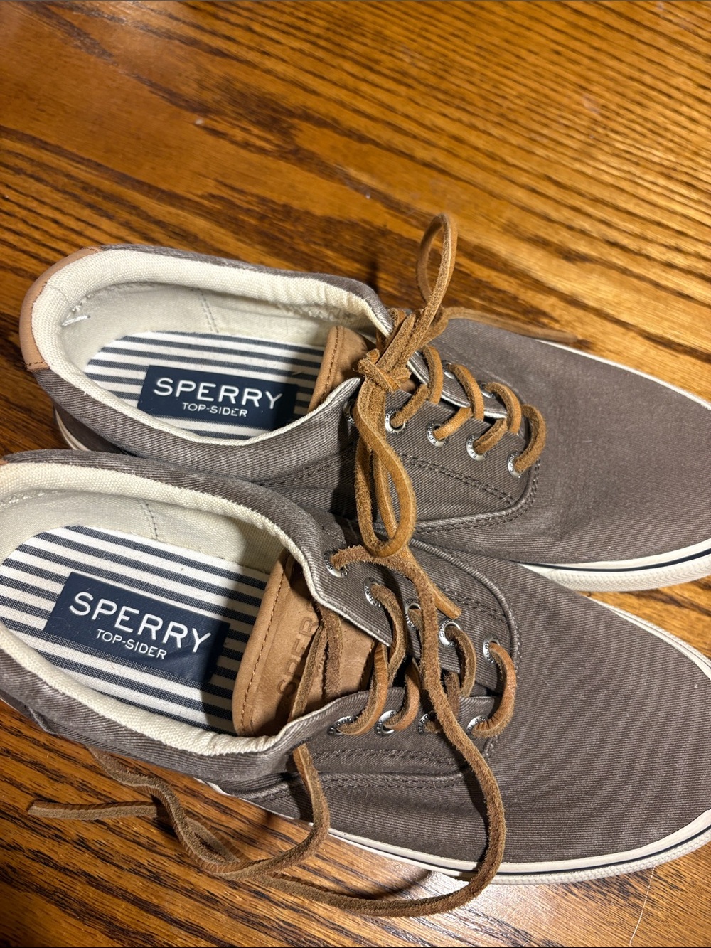 Sperry Taupe Canvas Boat Shoes with Tan Leather Laces
